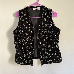 Genuine Girl | Vintage Y2K Zip Up Velvet Vest | Black/Tan Floral Print | Medium